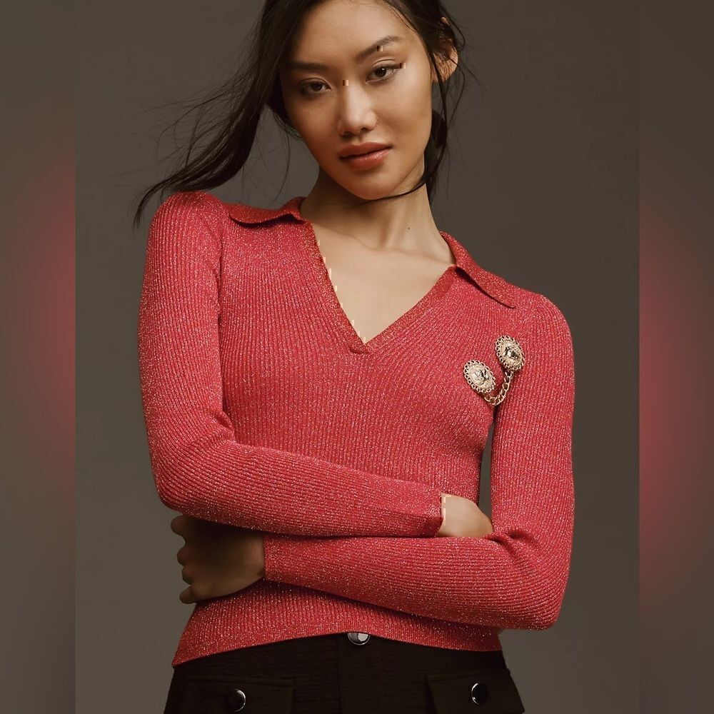 Anthropologie Maeve V-Neck Lurex Polo Sweater M Great Condition